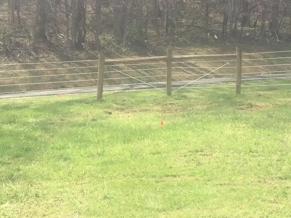 Grassy field with a wooden fence and trees in the background, with a small red marker in the grass