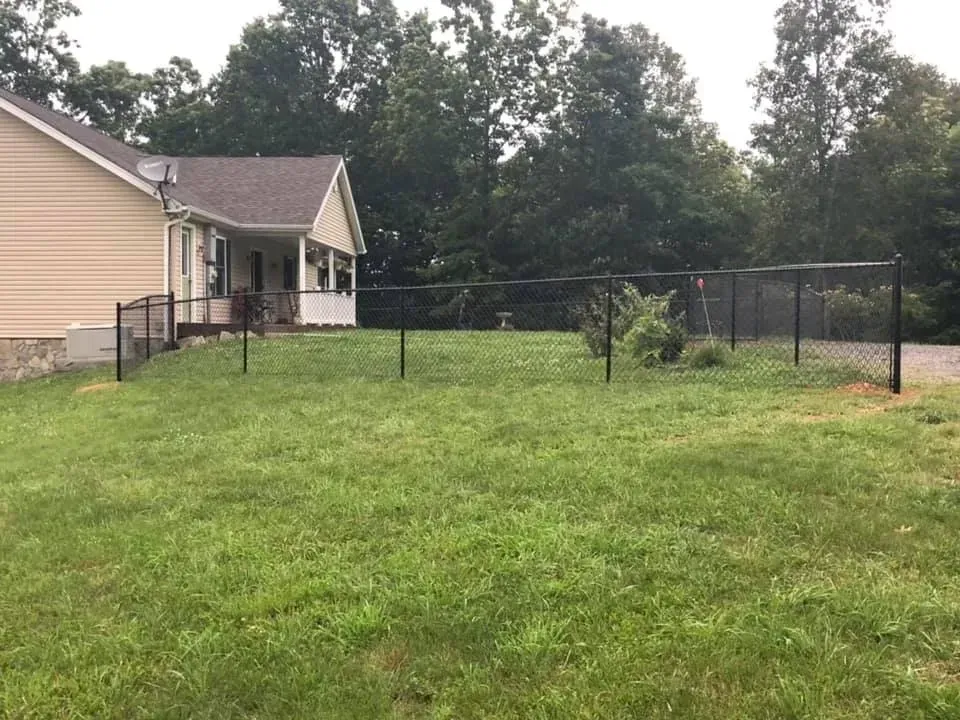 Backyard with green grass, black fence, and beige house under cloudy sky