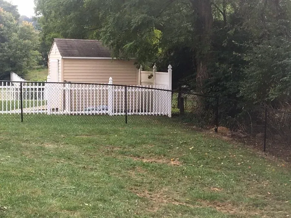Small beige shed behind a white picket fence beside a grassy yard and trees