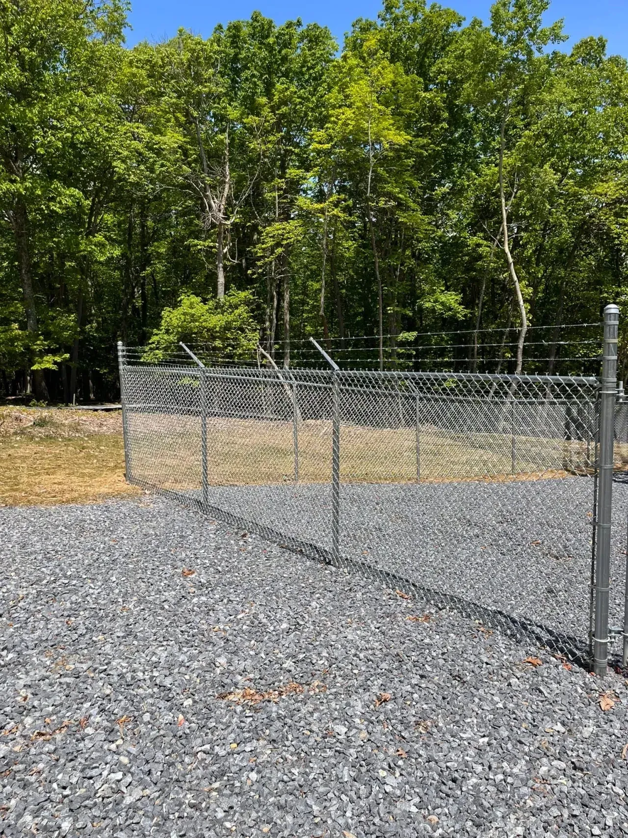 Chain-link fence along a gravel lot with trees and blue sky in the background