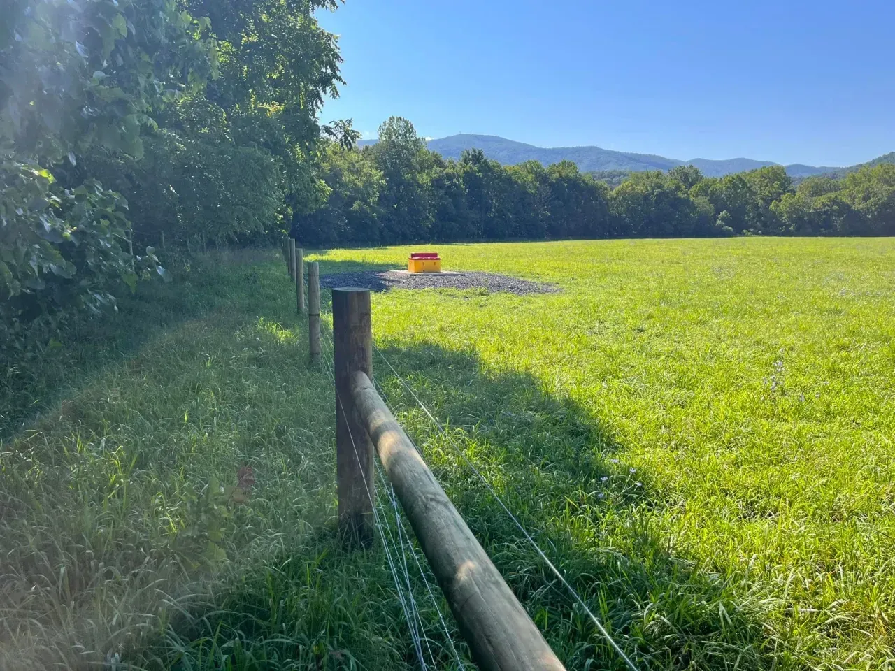 Sunlit green field beside a wooden fence, with trees and distant mountains under a clear blue sky