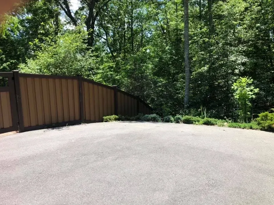 Empty asphalt lot beside a brown fence and dense green trees in sunlight