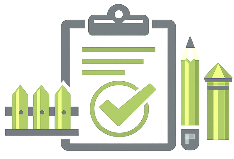 Clipboard checklist with green checkmark, pencils, and ruler icons