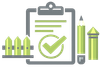 Clipboard checklist with green checkmark, pencils, and ruler icons