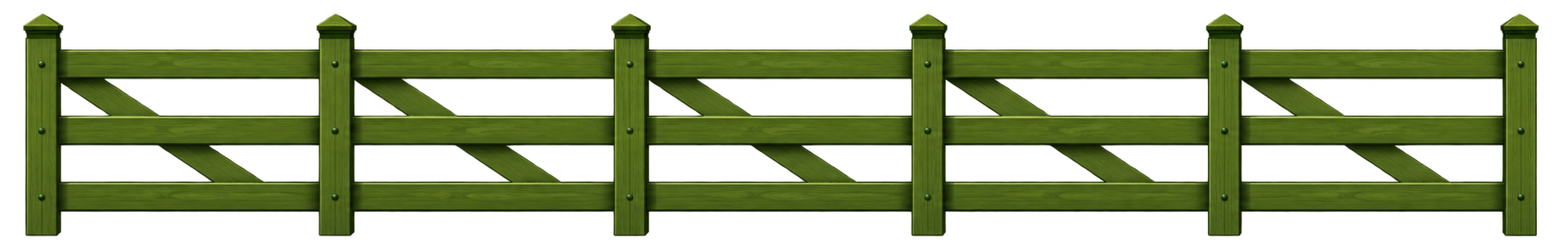 Green wooden fence with horizontal rails and vertical posts on a white background
