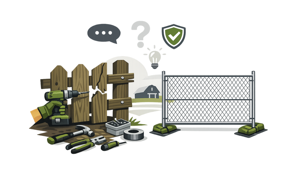 Security fencing supplies and tools beside a chain-link fence and padlock icon
