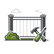 Garden gate with hedge, clouds, and crossed hammer and screwdriver icons indicating home repairs