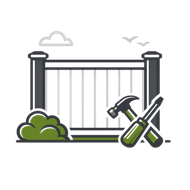 Garden gate with hedge, clouds, and crossed hammer and screwdriver icons indicating home repairs
