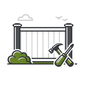 Garden fence with hedge and clouds, plus a hammer and screwdriver crossed in front.