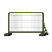 Green portable crowd-control barrier with black base supports on a white background