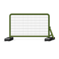 Green portable crowd-control barrier with black base supports on a white background