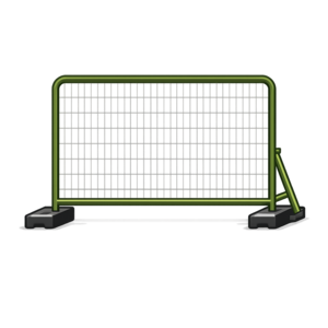 Green metal crowd-control barrier with wire mesh on black base supports and a side brace.