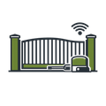 Illustration of a green sliding gate with a wireless signal icon and a gate motor, indicating an automated gate