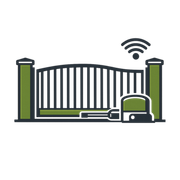 Illustration of a green sliding gate with a wireless signal icon and a gate motor, indicating an automated gate