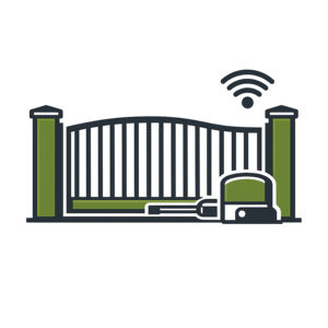 Illustration of a green automated gate with Wi‑Fi signal and a car at the entrance
