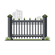 Black iron garden gate with stone posts and small green plants, in front of a light gray building