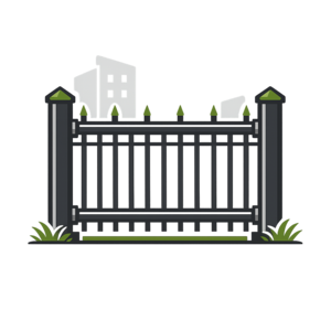 Black metal gate with green-topped posts and a light gray house silhouette behind it.