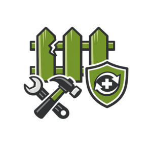 Green fence with tools and a shield, suggesting home repair and security.