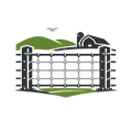 Fence with barn and green hills under a bird, in black, white, and green logo style