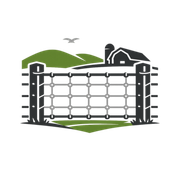 Fence with barn and green hills under a bird, in black, white, and green logo style