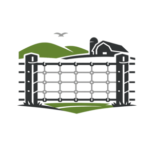 Black farm gate with wire fence, green hills, and a barn in the background.