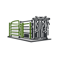 Green and black metal shelving units on a gray base, shown in a simple line drawing.
