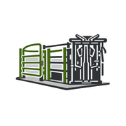 Green and black metal shelving units on a gray base, shown in a simple line drawing.