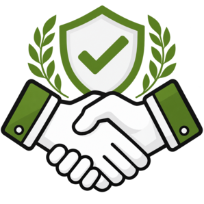 Handshake with green sleeves beneath a shield and checkmark, flanked by laurel branches