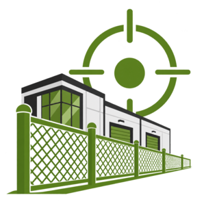 Green security fence and modern building with target icon, suggesting surveillance or security.