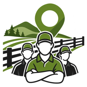 Three stylized farm workers in front of green hills, fence, and trees, with a location pin above them