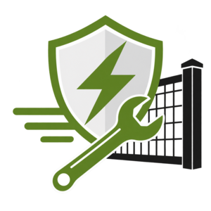 Green shield with lightning bolt and wrench in front of a building, suggesting energy security maintenance