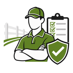 Green farm inspector with clipboard and shield checkmark beside a fence