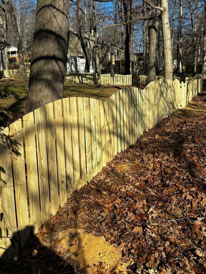 Wooden fence lining a leaf-covered path beside bare trees in a sunny yard