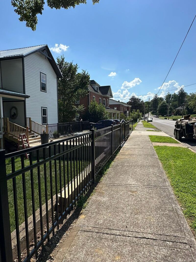 Sunny residential sidewalk beside black iron fence and white house, with trees and houses lining the street.