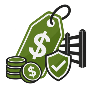 Green price tag with dollar sign, coins, shield checkmark, and gate icon, suggesting secure payments or pricing