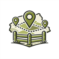 Stylized map with three location pins and a fenced field, in green and beige tones