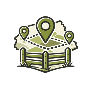 Stylized map with three location pins and a fenced field, in green and beige tones