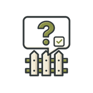 Question mark and checkmark in speech bubble above a white picket fence icon