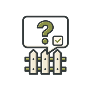 Question mark and checkmark in speech bubble above a white picket fence icon