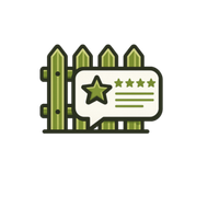 Green wooden fence with a star rating sign and five stars on a white background