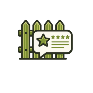 Green wooden fence with a star rating sign and five stars on a white background