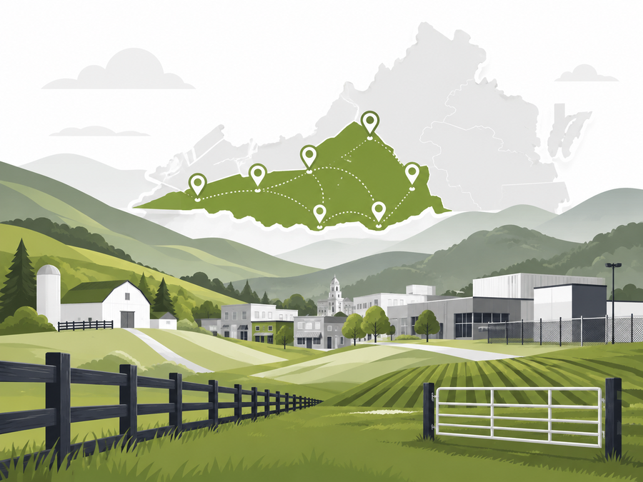 Stylized rural landscape with green hills, farm buildings, fence, and marked hiking trail on a map overlay