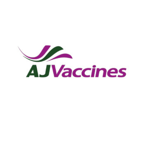 AJVaccines logo: purple and green stylized leaf design above