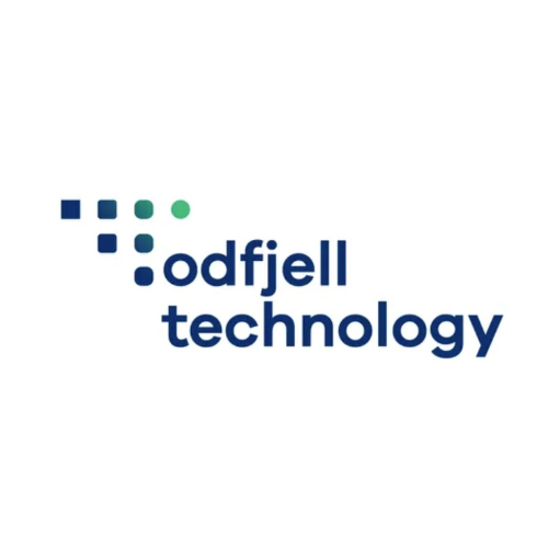 Odfjell Technology logo with abstract blue and green square pattern and dark blue text.