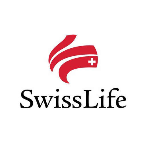 SwissLife logo: Red abstract design with Swiss cross, and the text