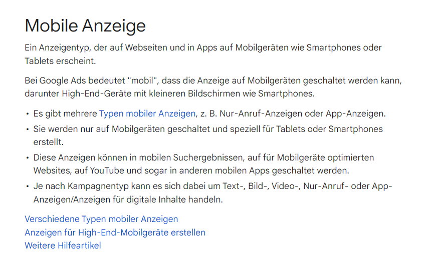 Mobile Google Ads passendes Targeting für Geräte