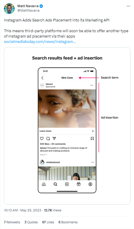 Post von Matt Navarra über das neue Update von Instagram