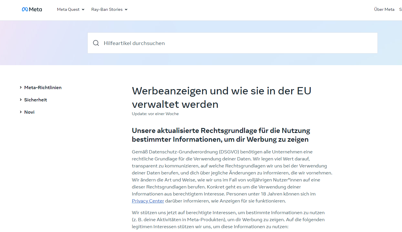 Das Bild zeigt einen Artikel von Meta über die Werbeanzeigen in Europa