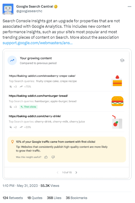 Beitrag von Google bezüglich Search Console Insights & GA4