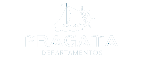 Un logotipo para una empresa llamada fragata departamentos con un velero sobre un fondo blanco.